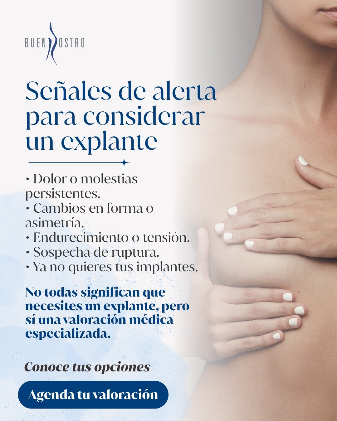 ¿Tienes implantes mamarios y has comenzado a notar cambios?
Dolor persistente, endurecimiento, cambios en la forma, asimetría
o molestias son señales que vale la pena revisar.
Esto no significa necesariamente que debas retirar tus implantes.
Cada caso requiere una valoración para conocer la causa y determinar qué opciones existen.
📲 No te quedes con la duda. Agenda una valoración especializada.
CE: 244898. AVISO DE PUBLICIDAD: 2414102002A00654
